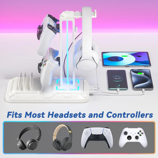 RGB Gaming Headset & Controller Stand – All-in-One Organizer with 9 Light Modes !