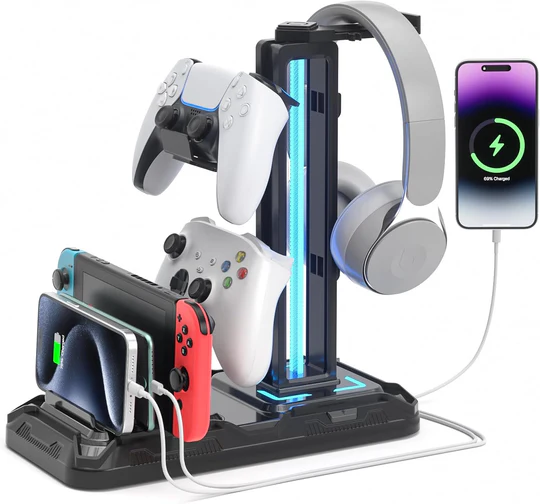 RGB Gaming Headset & Controller Stand – All-in-One Organizer with 9 Light Modes !