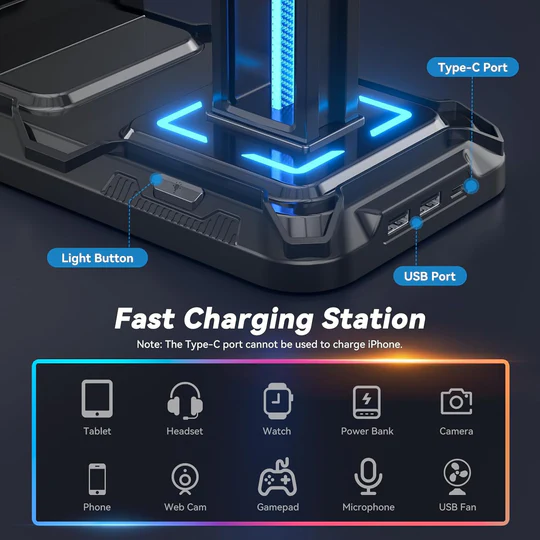 RGB Gaming Headset & Controller Stand – All-in-One Organizer with 9 Light Modes !