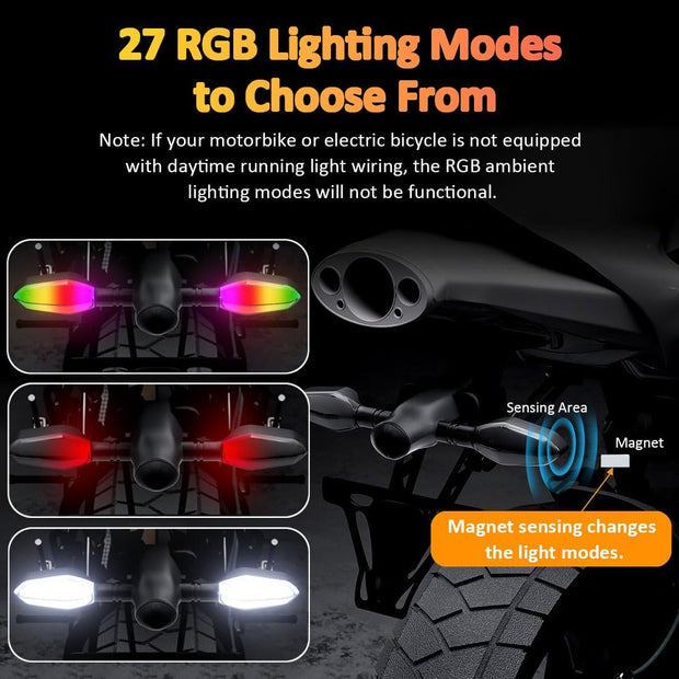 2-Pack LED Motorcycle Turn Signal Projector Lights – 27 RGB Flowing Modes