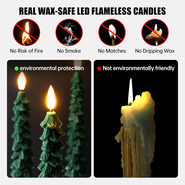 3D Flame Christmas Tree Candles – Flameless LED Taper Lights with Remote & Timer | Elegant Holiday Decor for Cozy, Safe, and Magical Nights ✨