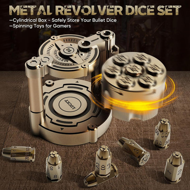 7-Piece Bullet Dice Set – Locked, Loaded & Ready to Roll! Spin the Revolver, Command the Table, Win in Style!
