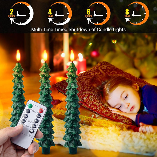 3D Flame Christmas Tree Candles – Flameless LED Taper Lights with Remote & Timer | Elegant Holiday Decor for Cozy, Safe, and Magical Nights ✨